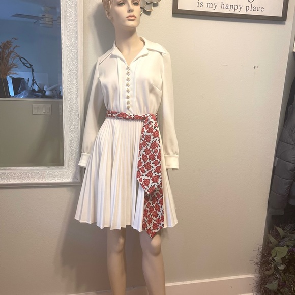 Vintage 60’s Mod A-Line Tannel Pleated Dress Tapastry Belt Sash Pearl Buttons Sm - Picture 6 of 16